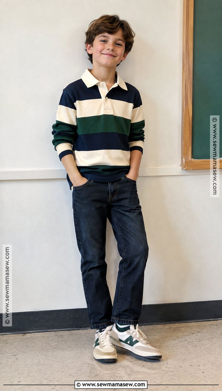 Rugby Shirt And Straight Jeans Fall Picture Day Outfit - 25 fall picture day outfits for kids