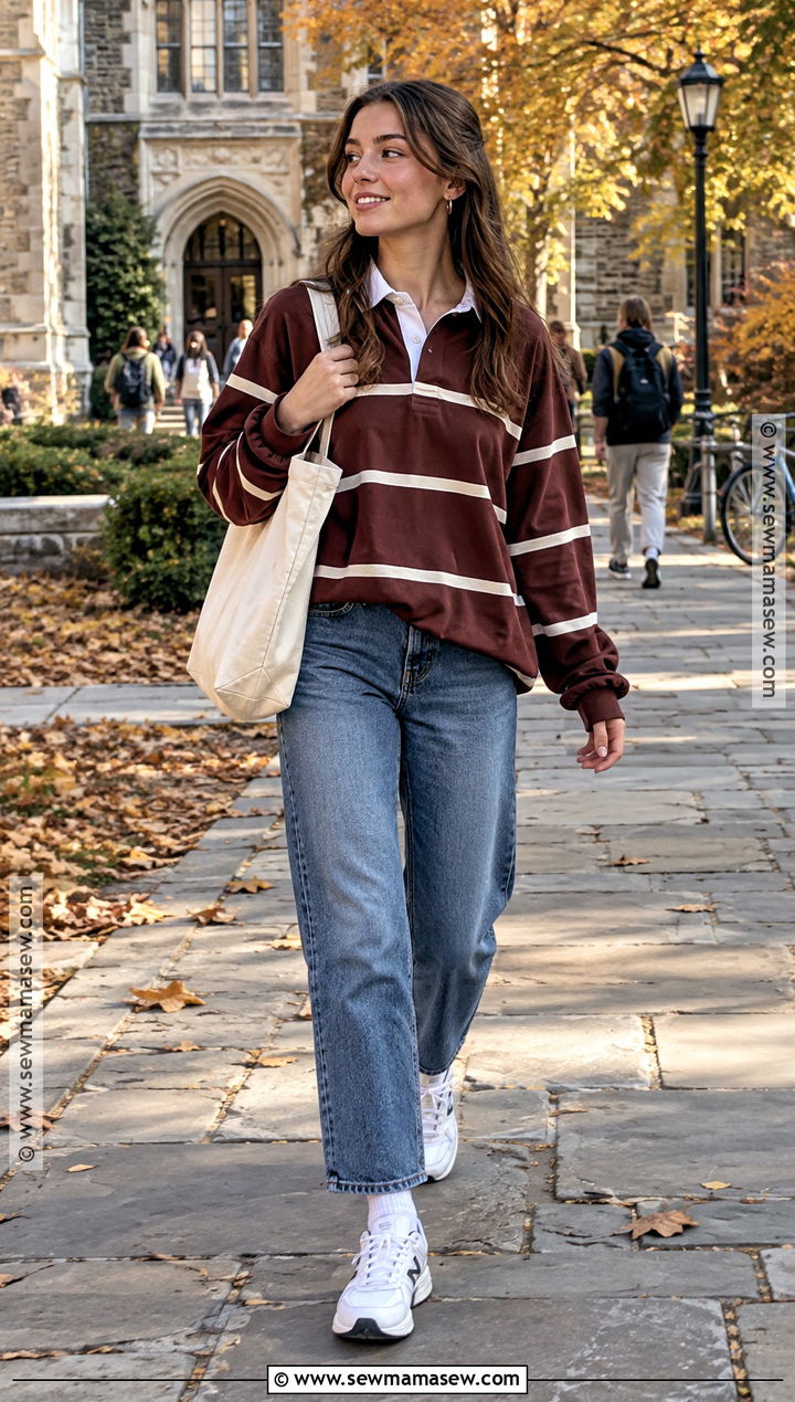 Rugby Shirt And Straight Jeans For University - 20 university fall outfits