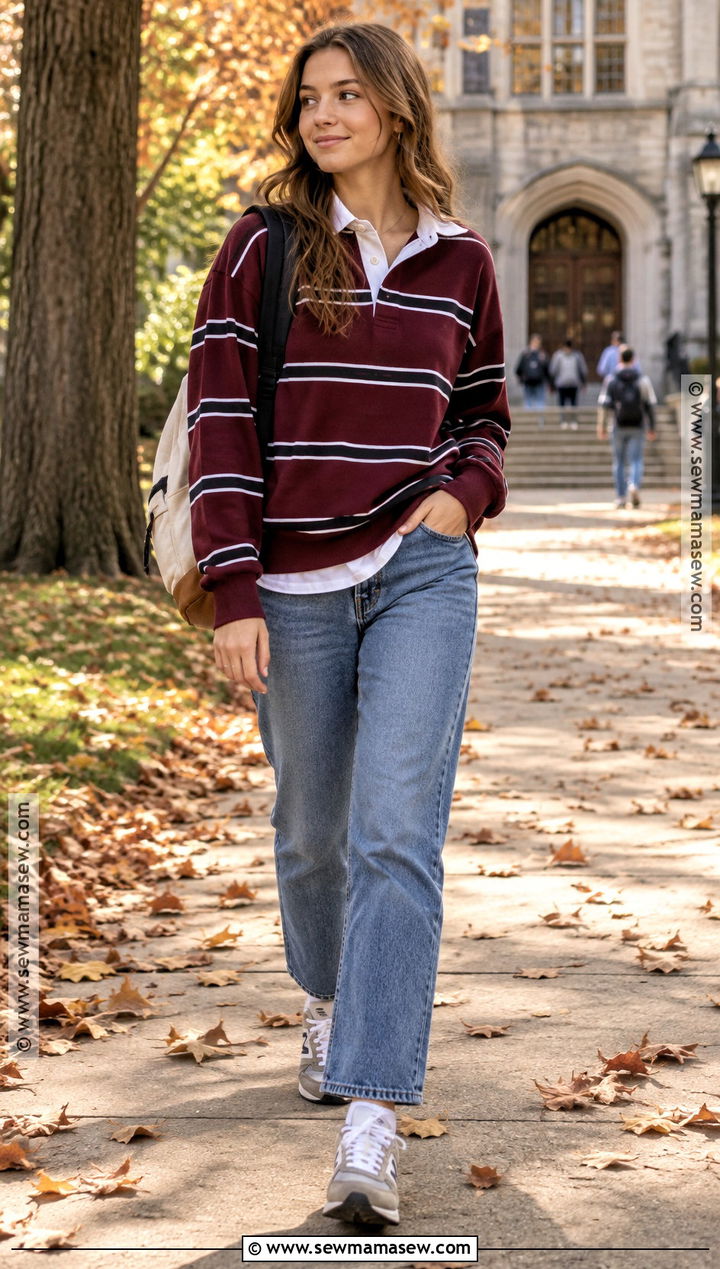 Rugby Shirt And Straight Jeans School Outfit - 20 autumn school outfit ideas