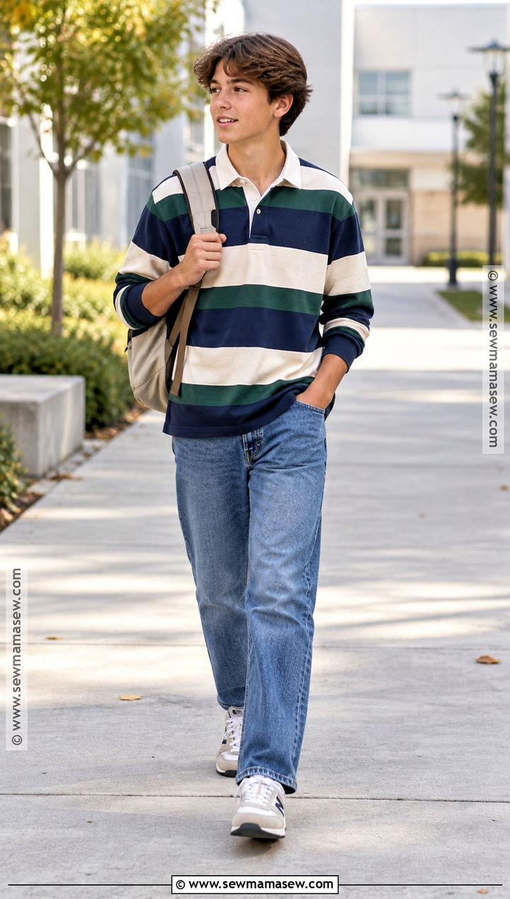 Rugby Shirt And Straight Leg Jeans Back To School Outfit - 15 Back To School Capsule Wardrobe Ideas for Kids