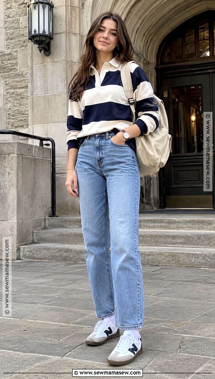 Rugby Shirt And Straight Leg Jeans College Outfit - 25 autumn college outfits