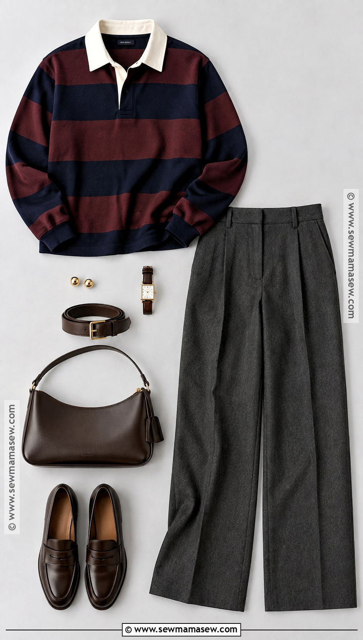 Rugby Shirt And Tailored Trousers Flat Lay - 15 autumn fashion flat lay ideas