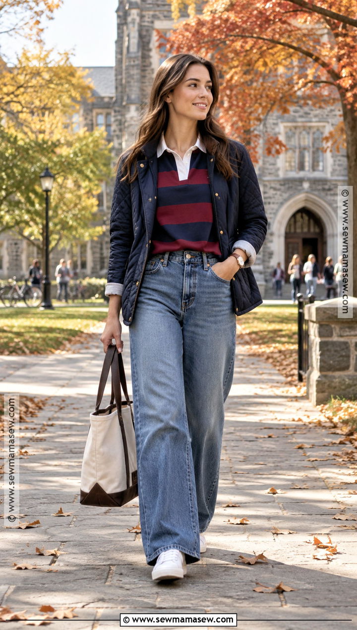 Rugby Shirt And Wide Leg Jeans East Coast Fall Outfit - 15 east coast aesthetic outfits fall