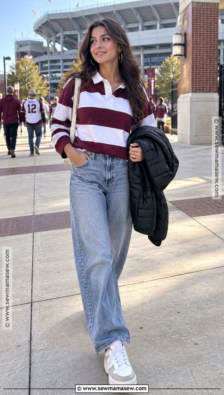 Rugby Shirt And Wide Leg Jeans Football Outfit - 20 cute fall football game outfits