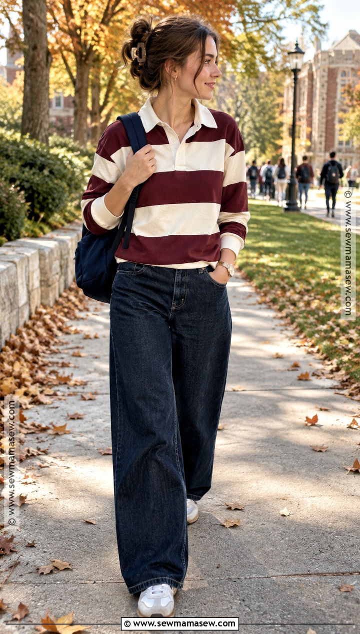 Rugby Shirt And Wide Leg Jeans School Outfit - 20 School Outfit Inspo Fall Ideas