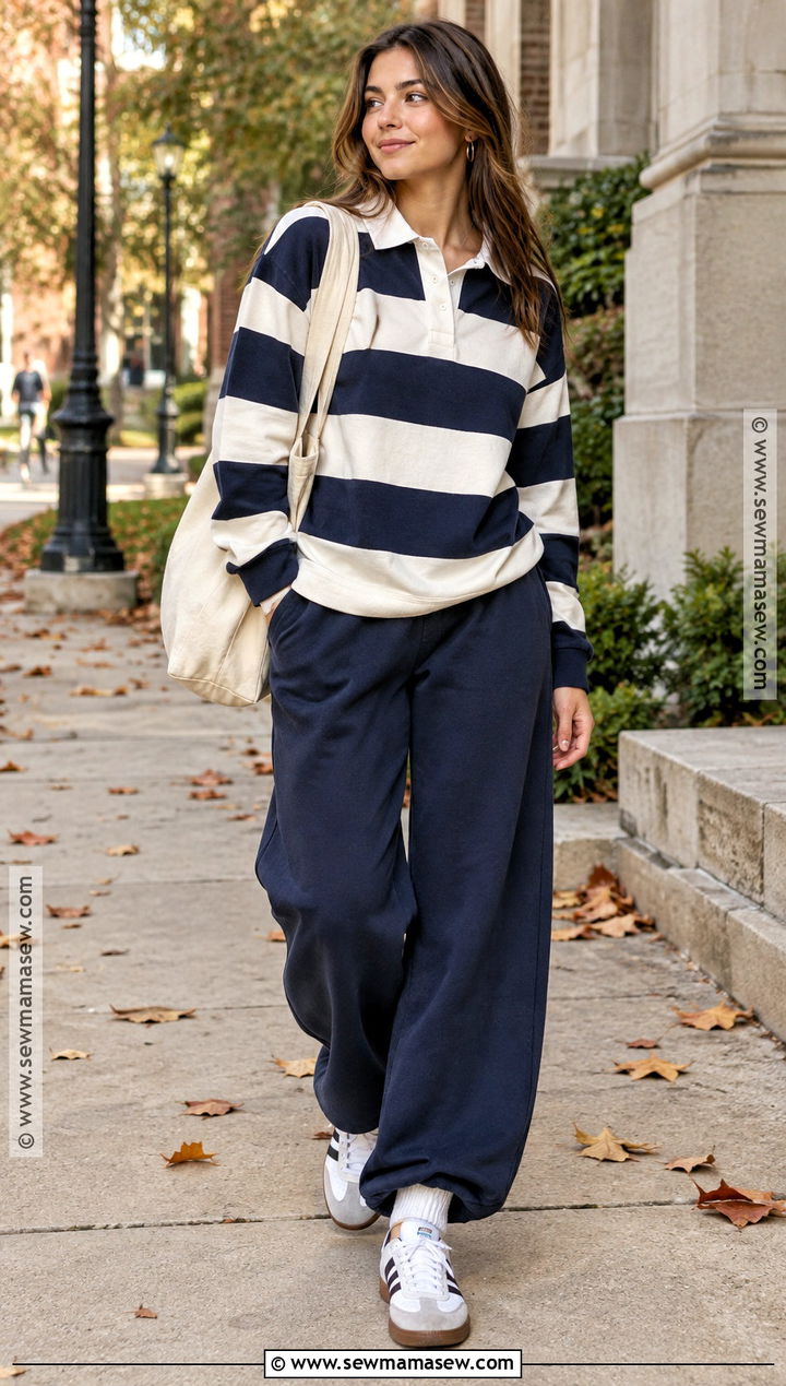 Rugby Shirt And Wide Leg Sweatpants Outfit - 25 fall lounge outfits