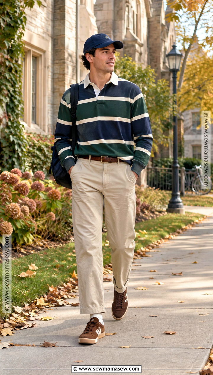 Rugby Shirt Fall Outfit With Khakis And Suede Sneakers - 15 casual mens outfits fall
