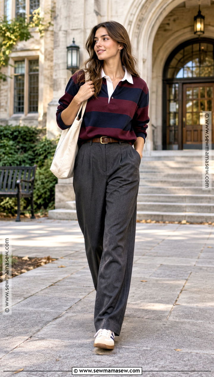 Rugby Shirt Fall Outfit With Tailored Trousers - 15 fall fashion 2026 casual ideas