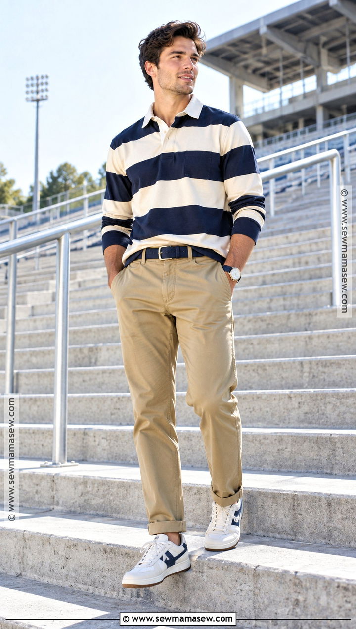 Rugby Shirt Khaki Chinos and Retro Sneakers Outfit - 15 Casual Mens Fall Outfits