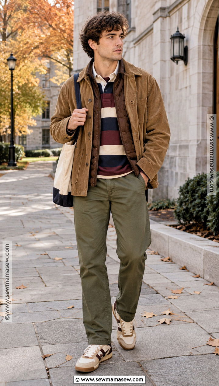 Rugby Shirt Quilted Vest and Corduroy Jacket Fall Outfit - 15 fall layering outfits for men