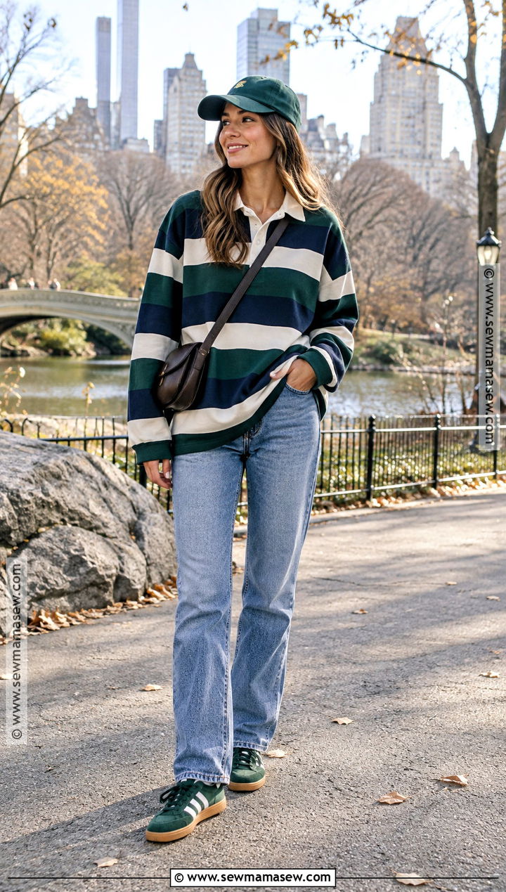 Rugby Shirt Straight Jeans And Retro Sneakers Autumn Outfit - 15 autumn fashion 2026 uk ideas