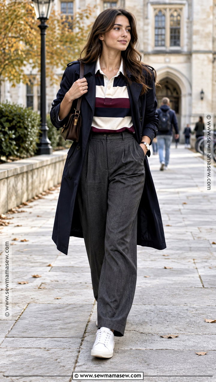 Rugby Shirt Tailored Trousers And Sneakers Fall Outfit - 15 Elevated Basics Outfit Fall
