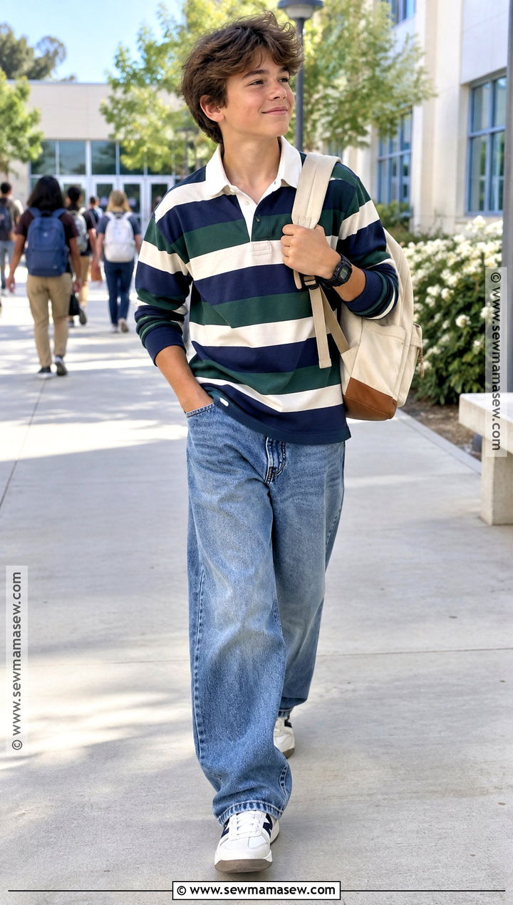 Rugby Shirt Wide Leg Jeans And Low Top Sneakers Outfit - 20 back to school outfits for kids