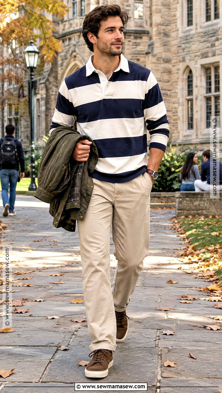 Rugby Shirt With Chinos and Suede Sneakers - 15 chill fall outfits for men