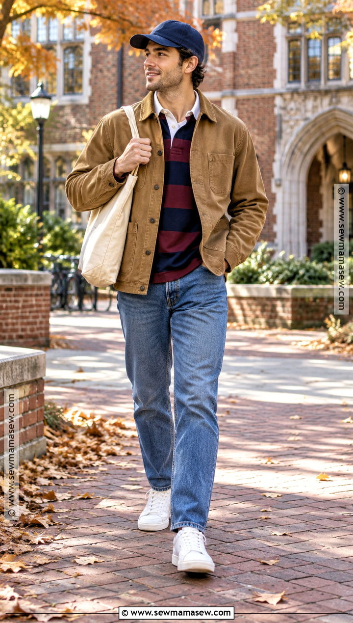 Rugby Shirt With Chore Jacket And Jeans - 20 autumn male outfit ideas
