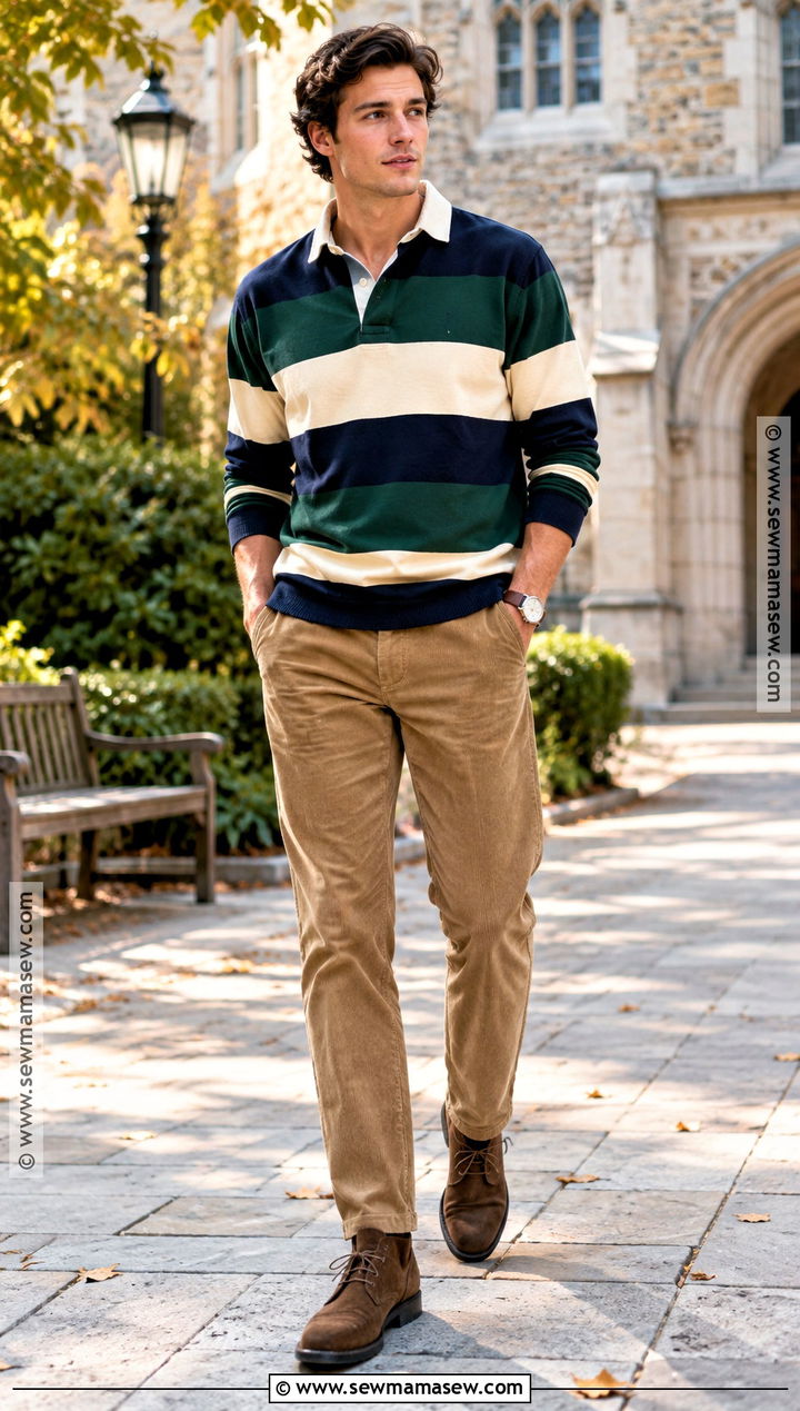 Rugby Shirt With Corduroy Pants and Chukka Boots - 20 fall outfits for men casual