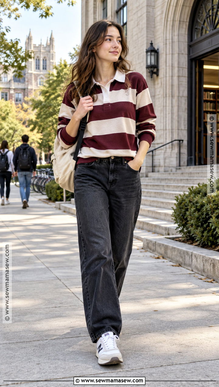 Rugby Shirt With Dark Jeans And Retro Sneakers - 15 back to school outfits grad school