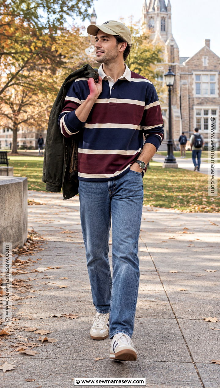 Rugby Shirt With Jeans And Retro Sneakers - 20 Mens Casual Fall Outfits