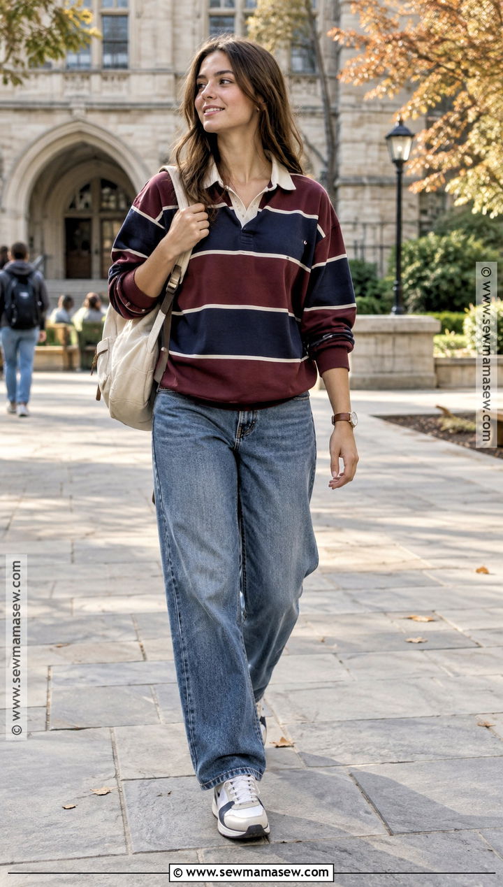 Rugby Shirt With Loose Fit Jeans - 15 comfy outfits for school fall