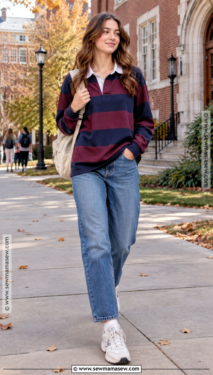 Rugby Shirt With Loose Jeans And Retro Sneakers - 15 fall outfits college comfy