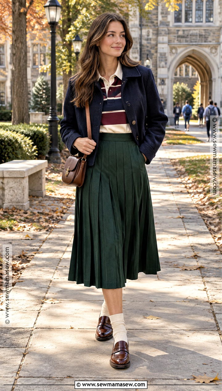 Rugby Shirt With Pleated Skirt And Loafers - 15 ladies fall fashion ideas