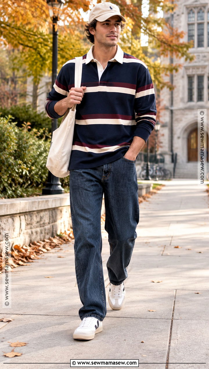 Rugby Shirt With Relaxed Jeans And Sneakers - 20 Casual Outfits Men Fall