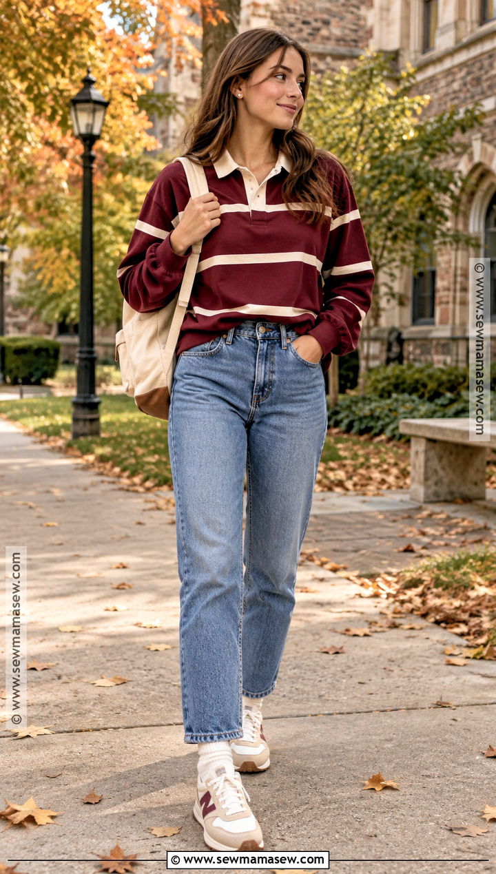 Rugby Shirt With Straight Jeans And Retro Sneakers - 20 outfits for fall school