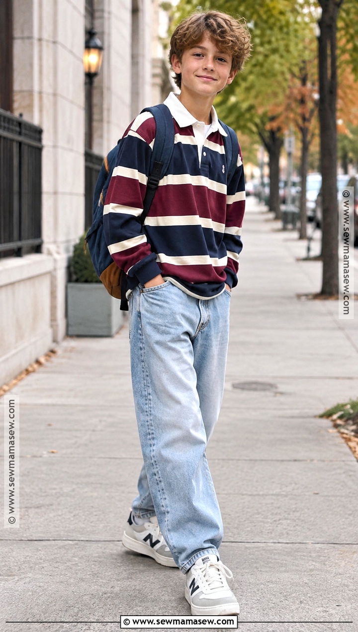 Rugby Shirt With Wide Leg Jeans And Sneakers - 20 fall kids outfits