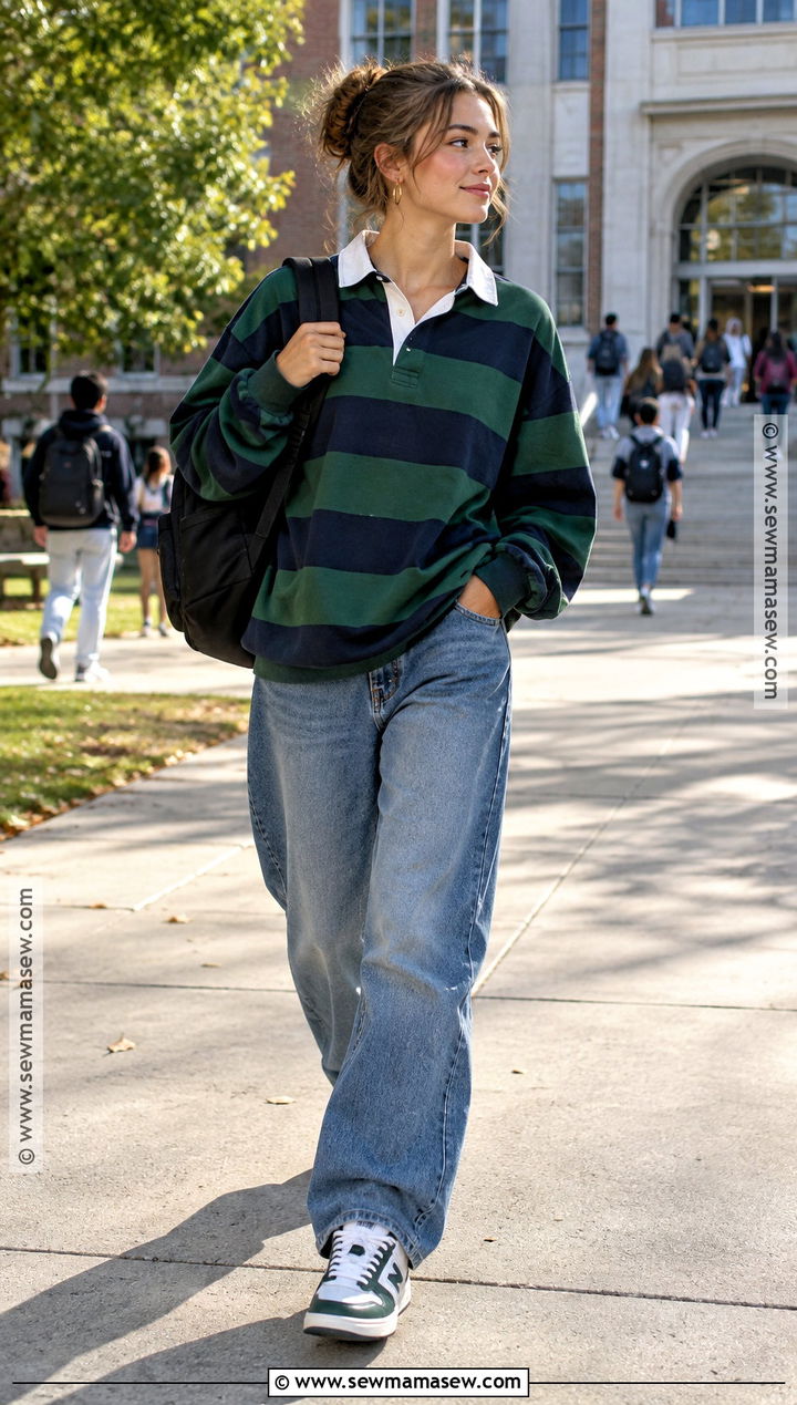 Rugby Shirt and Loose Jeans Back to School Outfit - 25 back to school clothes list