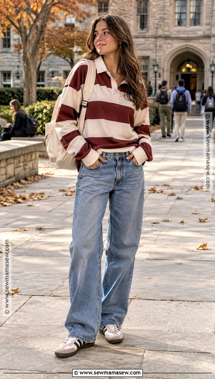 Rugby Shirt and Loose Jeans Fall School Outfit - 15 easy fall school outfits