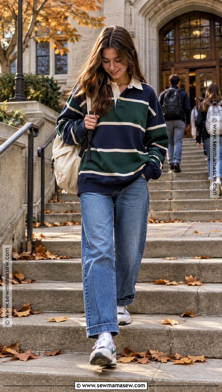Rugby Shirt and Loose Jeans Fall School Outfit - 15 cute outfits for school for highschool fall