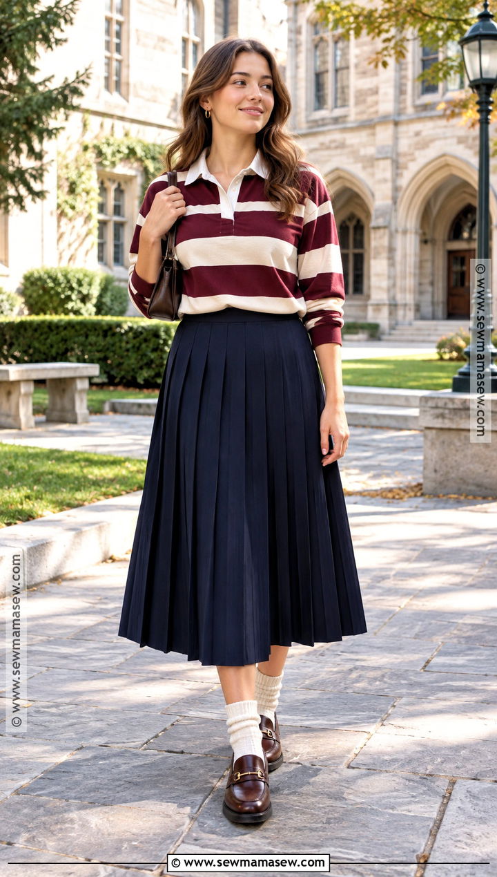 Rugby Shirt and Pleated Skirt Fall Outfit - 25 Fall Season Outfits