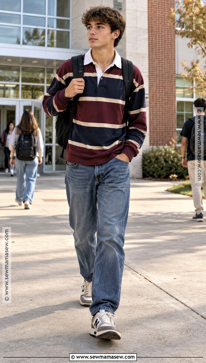 Rugby Shirt and Relaxed Jeans Fall School Outfit - 25 fall outfits for school for teens