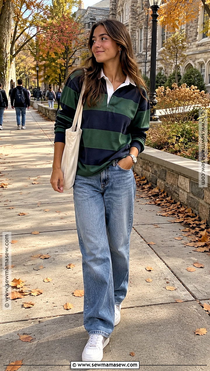 Rugby Shirt and Relaxed Jeans Fall School Outfit - 15 chill outfits for school fall