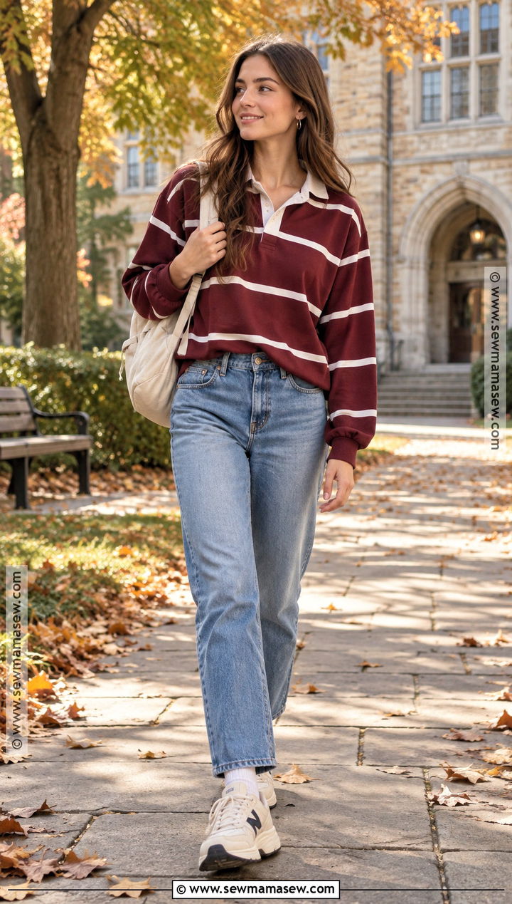 Rugby Shirt and Straight Jeans University Outfit - 20 university outfit autumn ideas