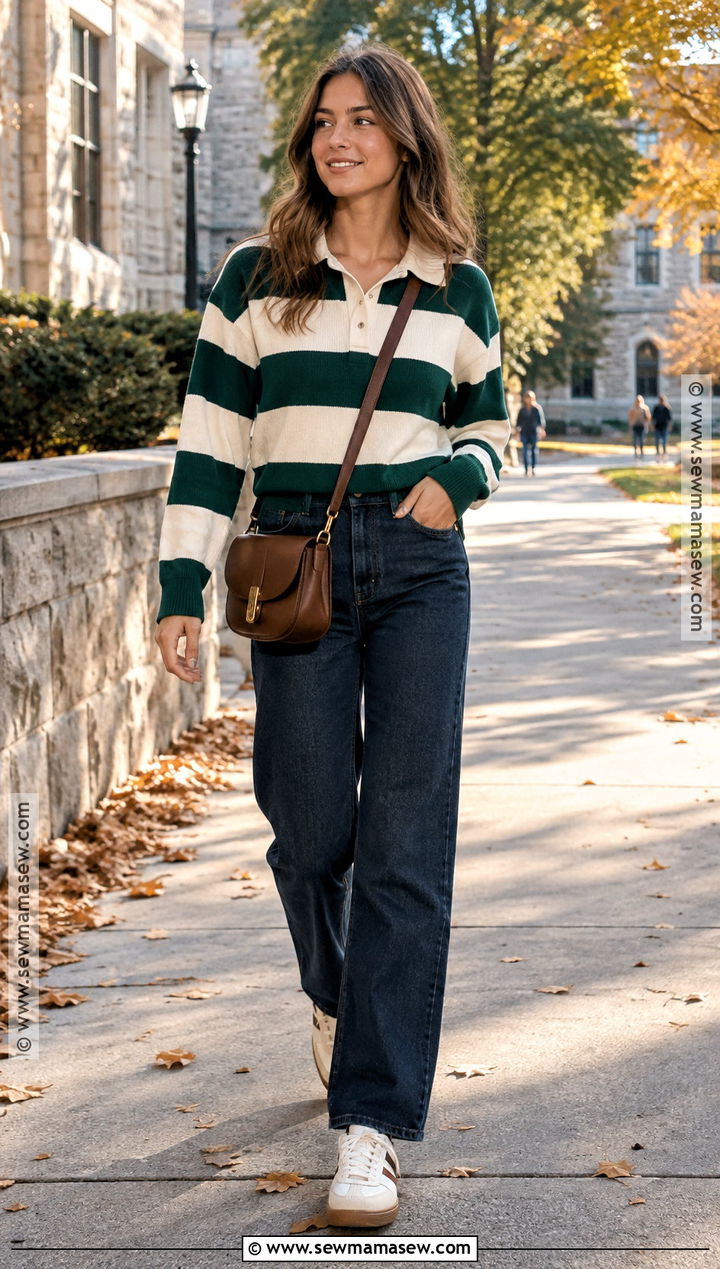 Rugby Shirt and Straight Leg Jeans Fall Outfit - 25 cute fall clothes