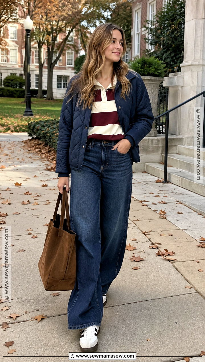 Rugby Shirt and Wide Leg Jeans Fall Outfit - 20 fall warm outfits