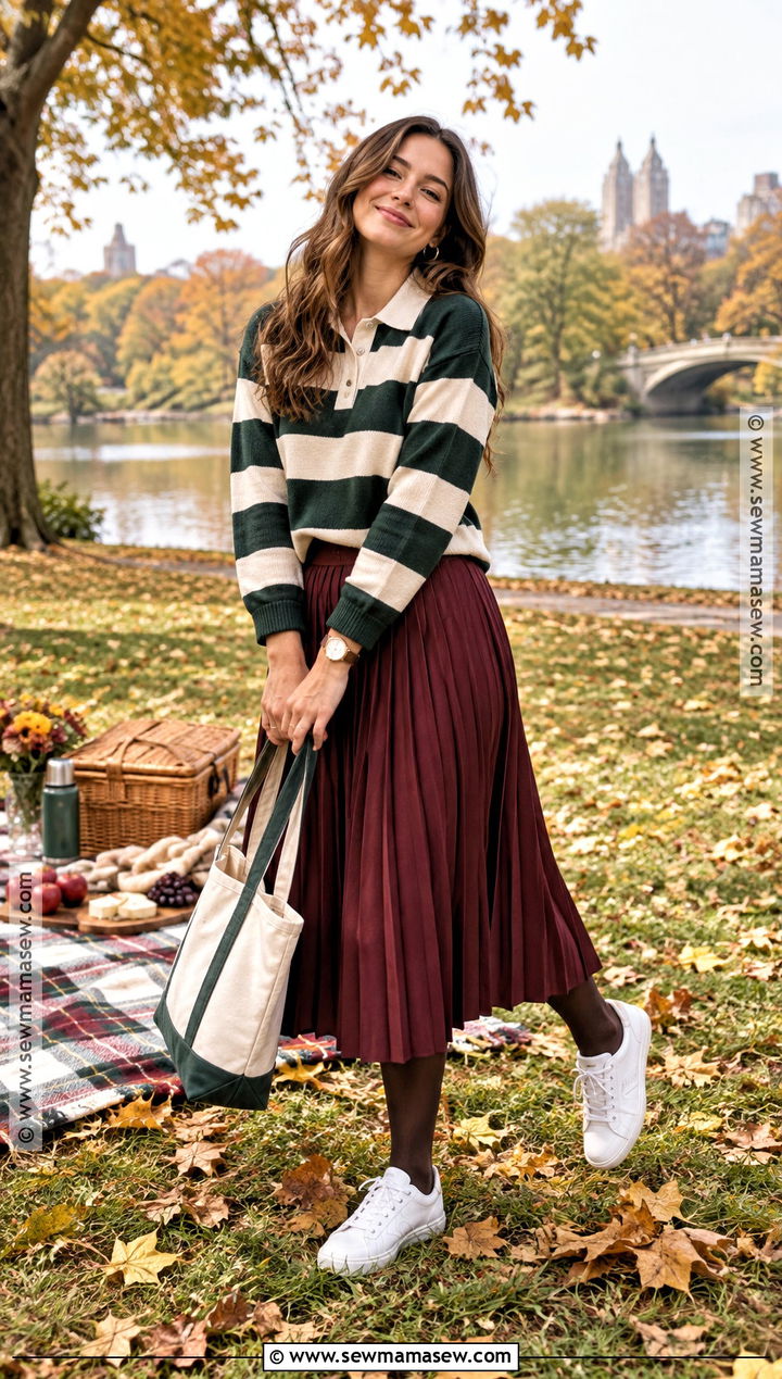 Rugby Sweater And Pleated Skirt Picnic Outfit - 25 autumn picnic outfit ideas
