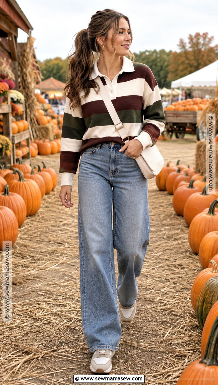 Rugby Sweater And Wide Leg Jeans Outfit - 25 cute pumpkin patch outfits
