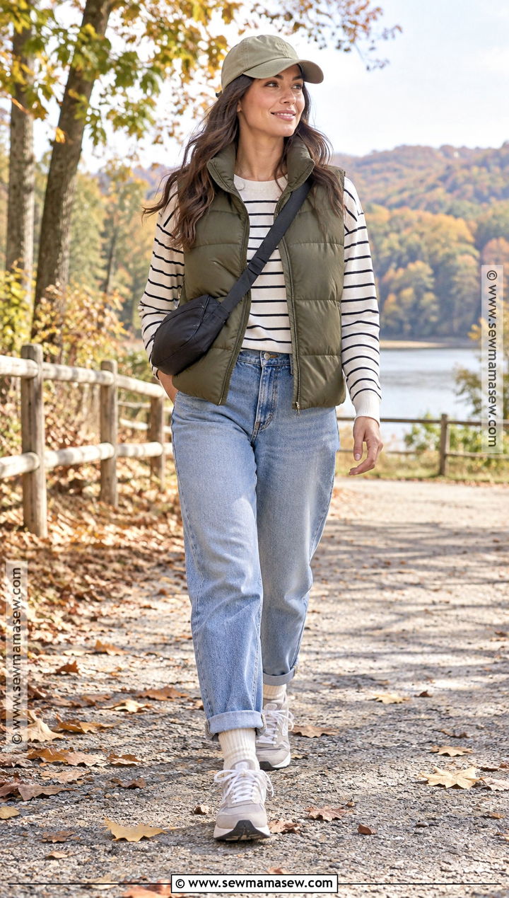 Running Sneakers With Puffer Vest And Relaxed Jeans - 15 Casual Fall Sneaker Outfits