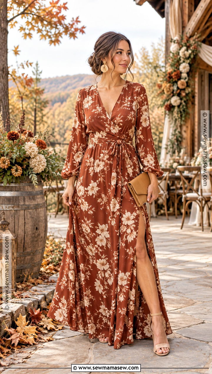 Rust And Ivory Floral Wrap Bridesmaid Dress - 15 floral bridesmaid dresses fall