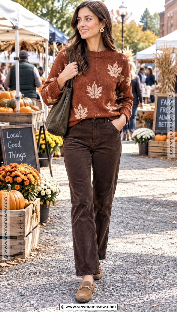 Rust Autumn Leaves Sweater With Corduroy Pants - 15 Autumn Leaves Sweater Ideas