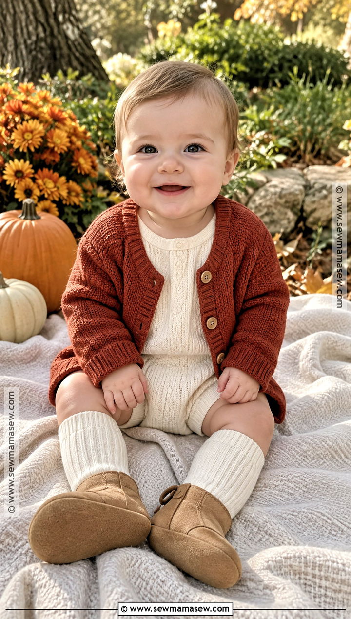 Rust Baby Cardigan With Cream Knit Romper - 15 Cute Baby Sweater Fall Ideas