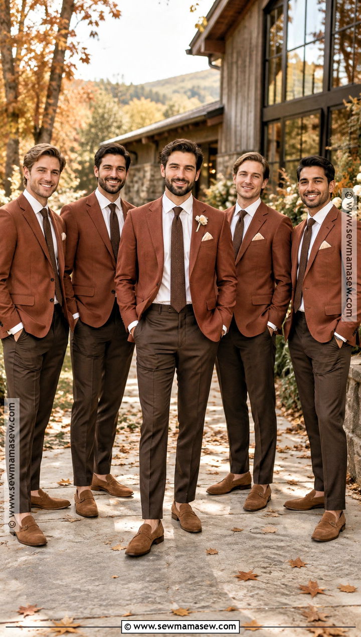 Rust Blazer And Brown Trouser Groomsmen Attire - 15 fall color groomsmen attire ideas