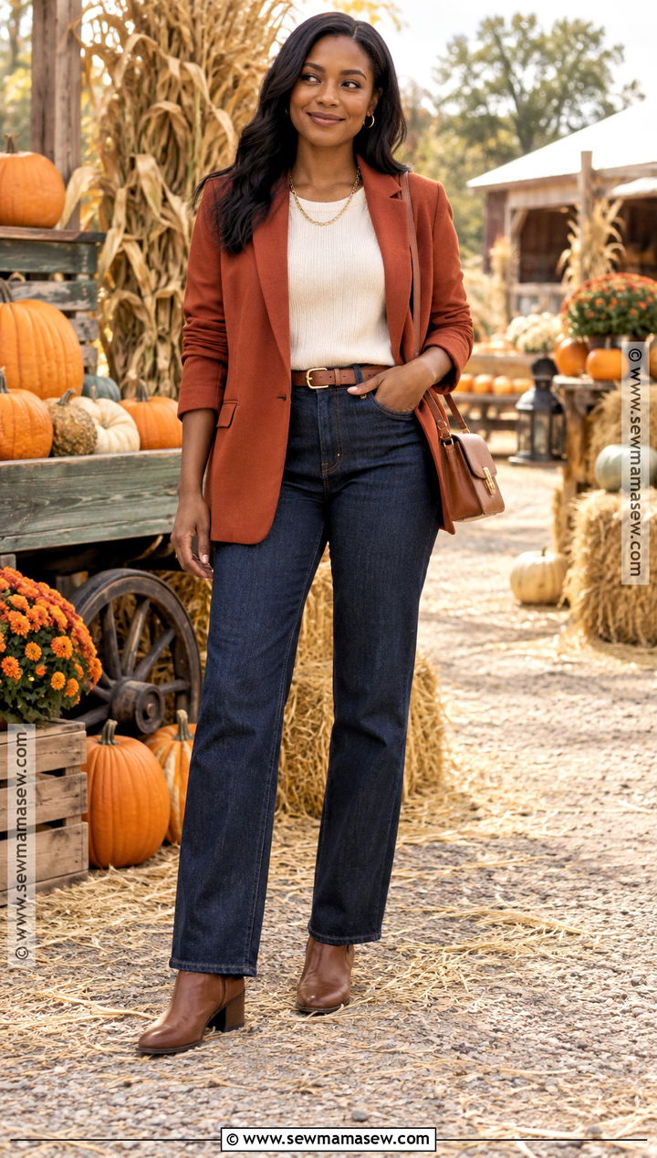 Rust Blazer And Dark Denim Pumpkin Patch Outfit - 25 pumpkin patch outfit ideas for black women