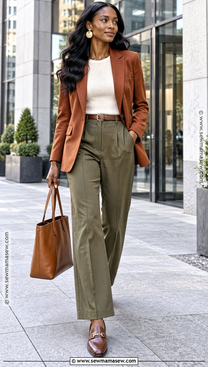 Rust Blazer And Olive Trousers Fall Outfit - 15 Fall Colors Outfits for Black Women
