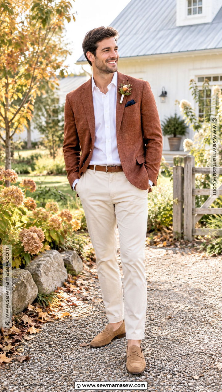 Rust Blazer With Cream Chinos - 15 casual fall wedding groom attire ideas
