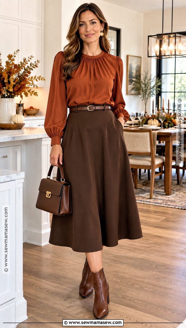 Rust Blouse And A Line Midi Skirt Thanksgiving Outfit - 20 thanksgiving dinner outfit ideas for women