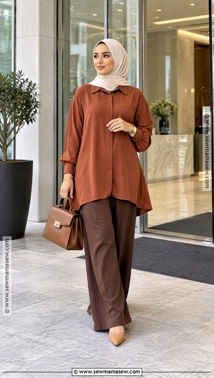 Rust Blouse And Brown Trousers Hijabi Outfit - 20 Fall Hijabi Outfits Aesthetic