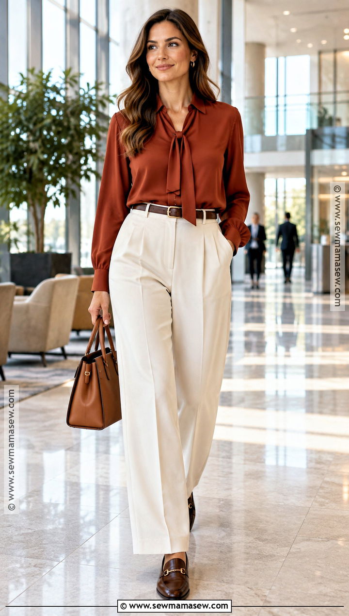 Rust Blouse And Cream Trousers Office Outfit - 25 autumn office outfit ideas